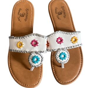 White and Pink Floral Sandals with Decorative Straps